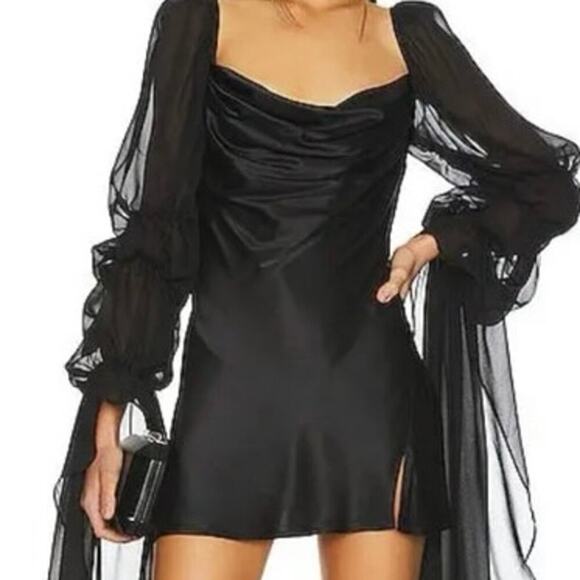 For Love & Lemons Willow Mesh Statement Sleeve Draped Mini Dress Black NWT XS - Picture 4 of 9
